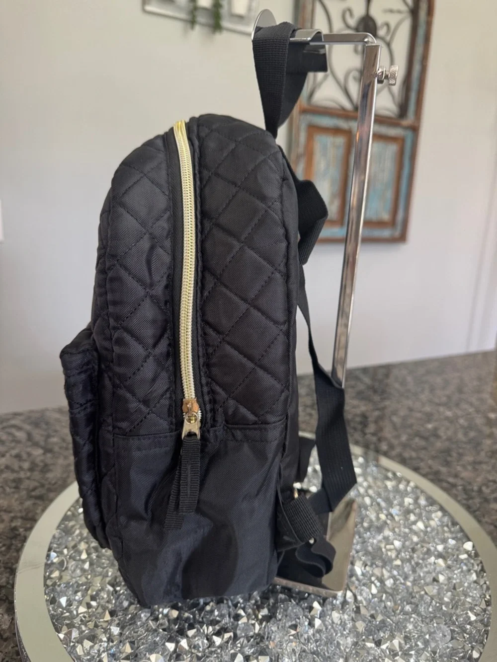 Daisy Fuentes Quilted Black Mini Backpack with Gold Accents EUC
